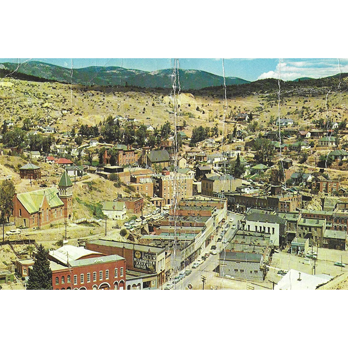 Weathered post card shows aerial of Central City in the early 1960s. Teller house is at the center of the photo The Opera House would be behind it.