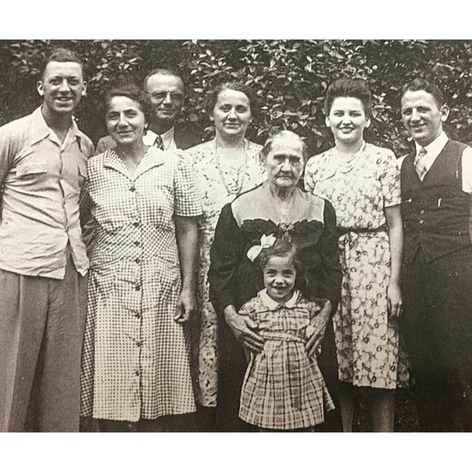 From left, Uncle (Doc) Durward, Gram’s sister Josephine and husband, Gram, Great Grandmother Rose Bakula, Aunt Betty and Uncle Ed. Girl in front not identified.